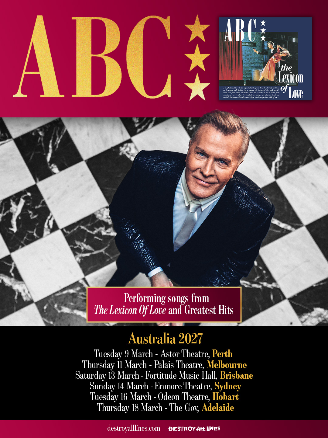 ABC Australia 2027 tour poster featuring Martin Fry on checkered tile with dates for Perth, Melbourne, Brisbane, Sydney, Hobart, Adelaide.
